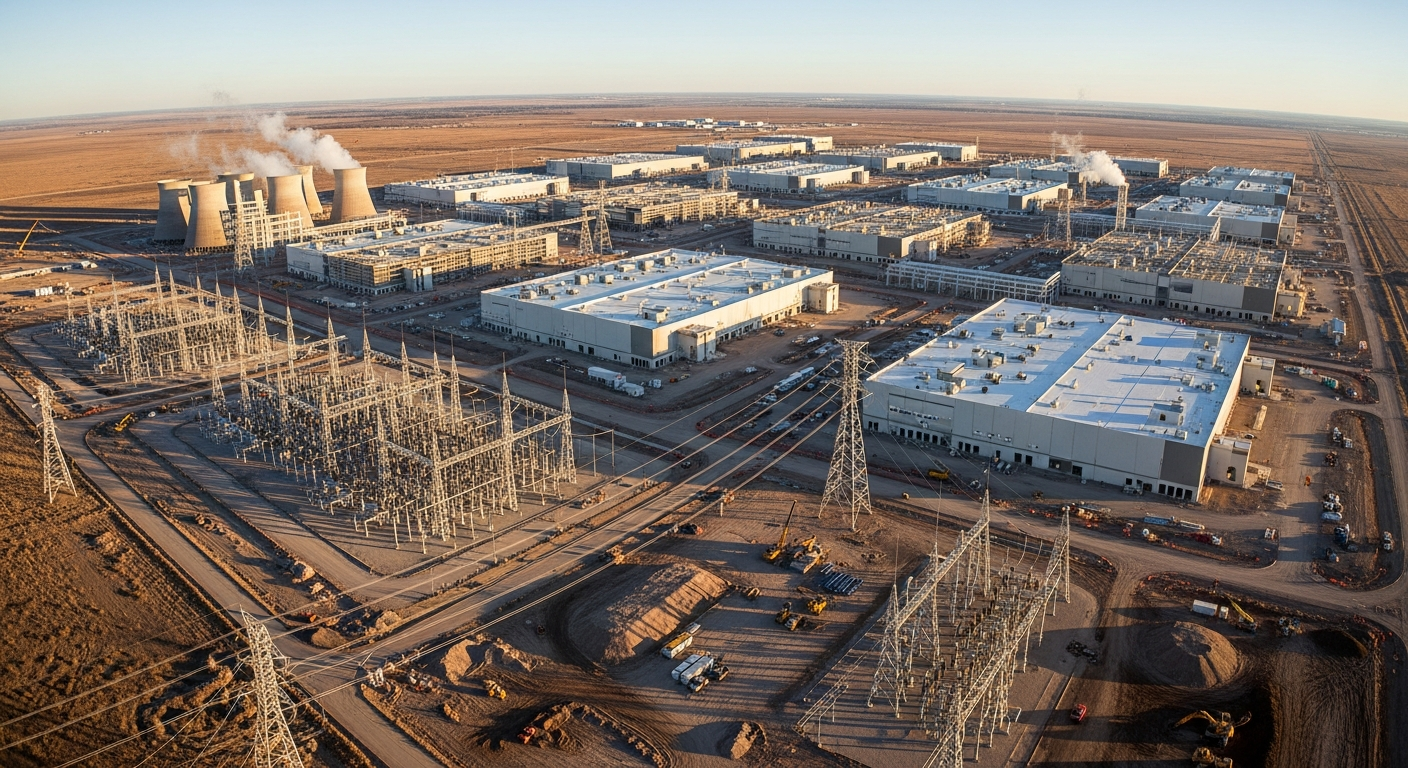 Hyperscale data center campus with cooling towers and power substation
