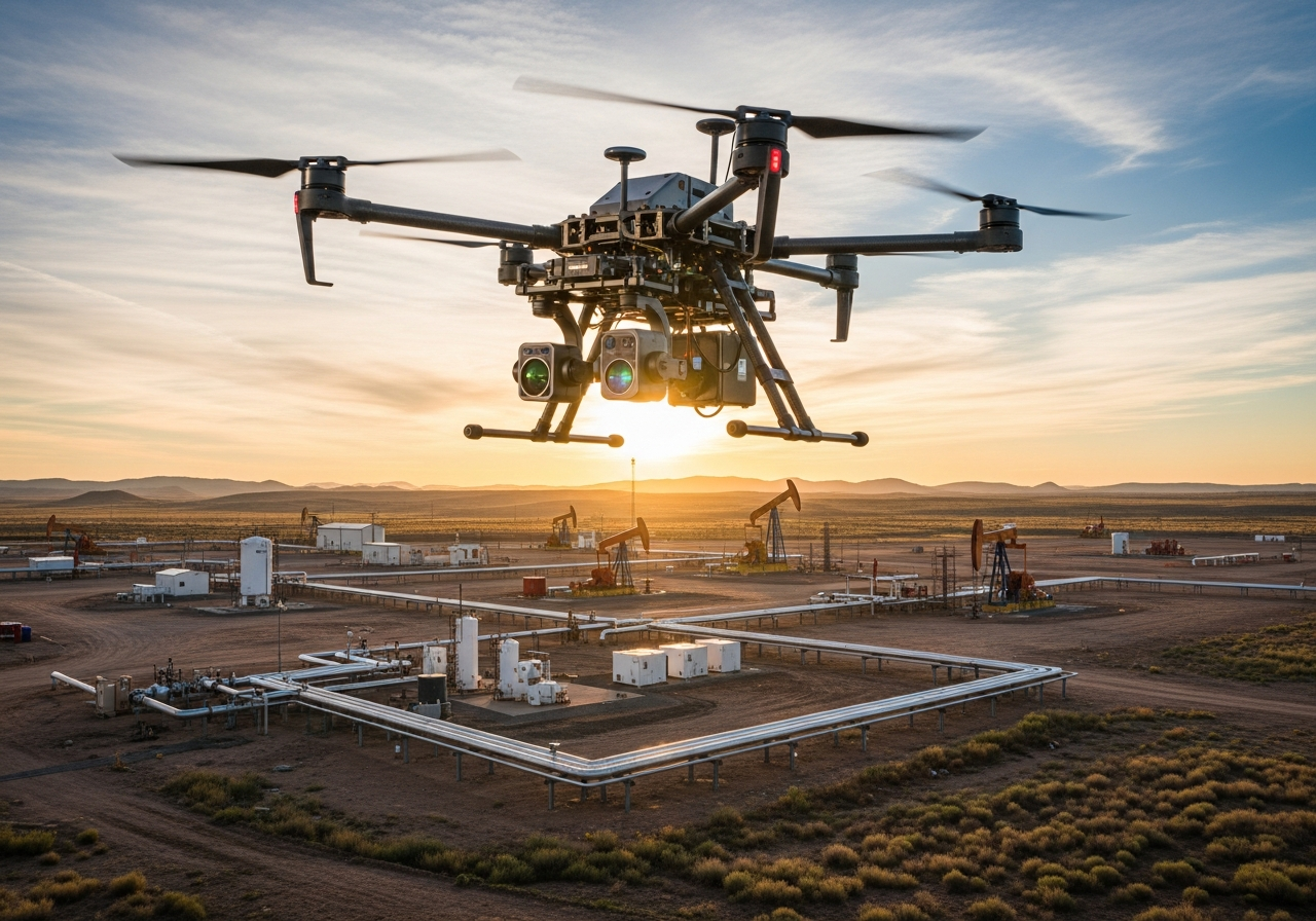 Inspection drone with sensor pod hovering over an oil and gas wellsite at sunset
