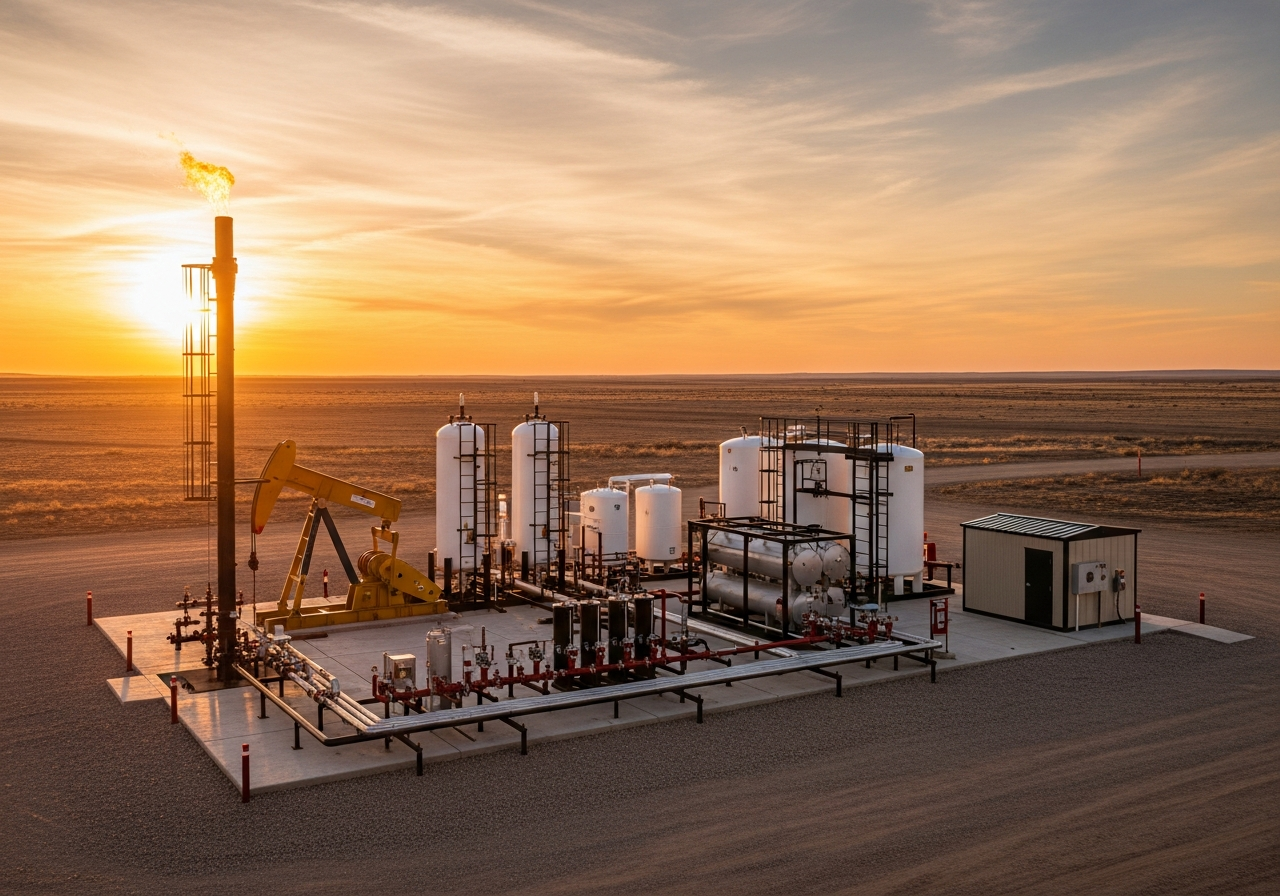 Aerial view of natural gas processing facility with stacks at golden hour