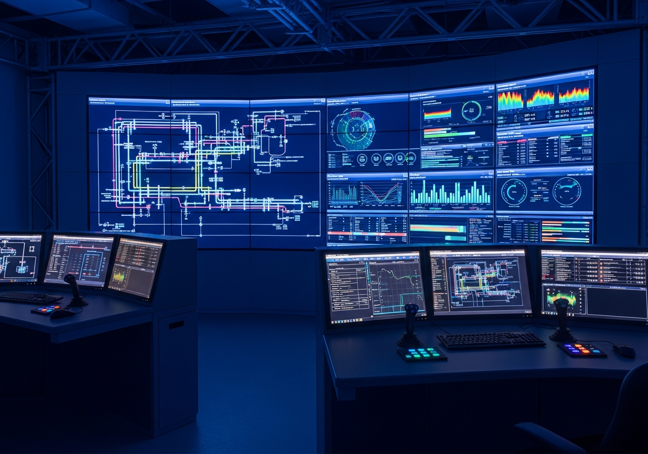 Industrial operations control room with monitoring dashboards