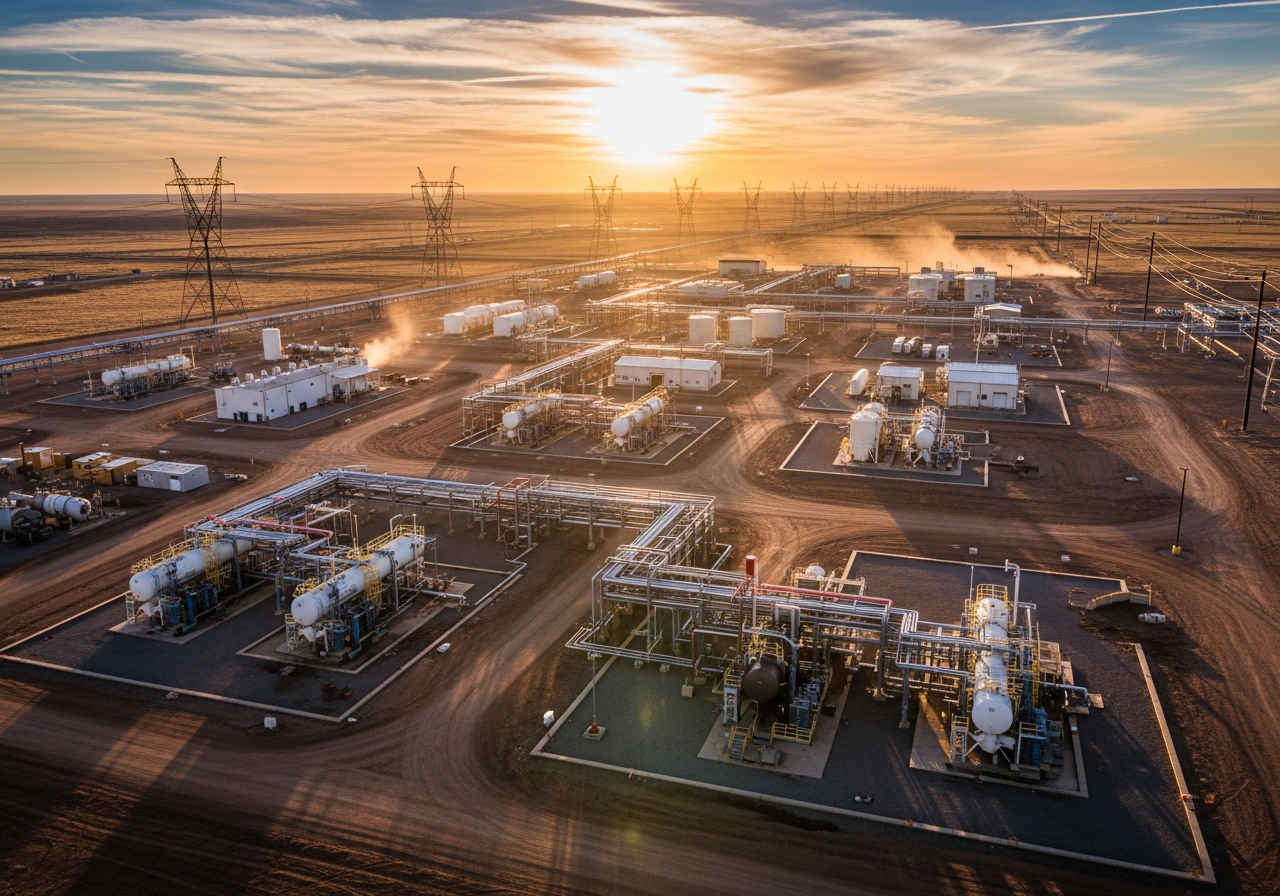 Aerial view of an industrial energy asset portfolio with pipelines and transmission lines